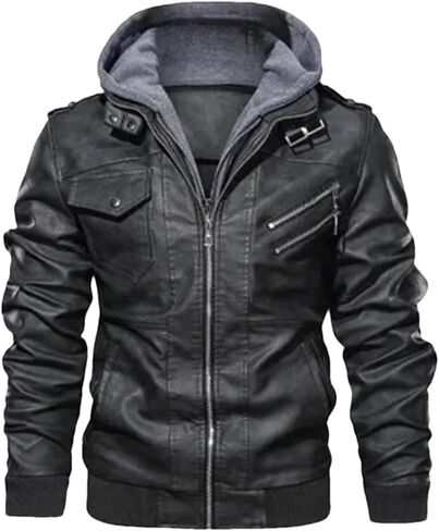 Men's Hooded PU Imitation Leather Motorcycle Jacket Solid Color Casual Slim Fit Jacket in Saudi Arabia