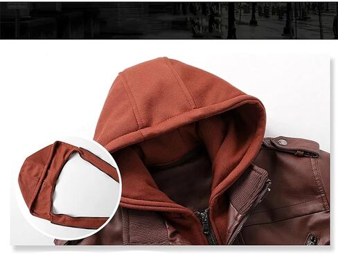 Men's Hooded PU Imitation Leather Motorcycle Jacket Solid Color Casual Slim Fit Jacket in Saudi Arabia