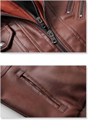 Men's Hooded PU Imitation Leather Motorcycle Jacket Solid Color Casual Slim Fit Jacket in Saudi Arabia