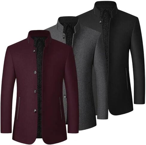 Men's Stand Up Collar Thick Warm Coat Solid Color Casual Slim Fit Blended Coat in Saudi Arabia