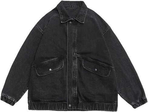 Men's Retro Large Pocket Zipper Splicing Plus Size Denim Jacket Solid Color Casual Loose Denim Jacket in Saudi Arabia