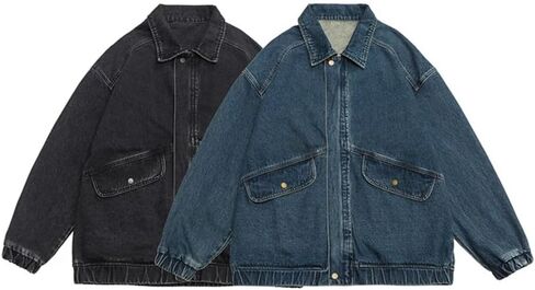 Men's Retro Large Pocket Zipper Splicing Plus Size Denim Jacket Solid Color Casual Loose Denim Jacket in Saudi Arabia