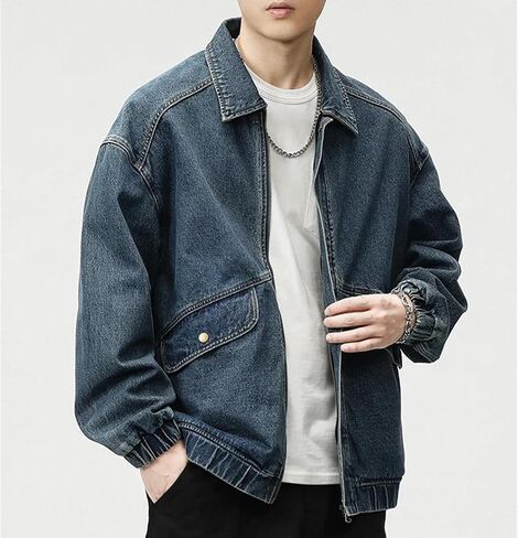Men's Retro Large Pocket Zipper Splicing Plus Size Denim Jacket Solid Color Casual Loose Denim Jacket in Saudi Arabia