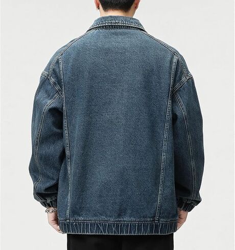 Men's Retro Large Pocket Zipper Splicing Plus Size Denim Jacket Solid Color Casual Loose Denim Jacket in Saudi Arabia