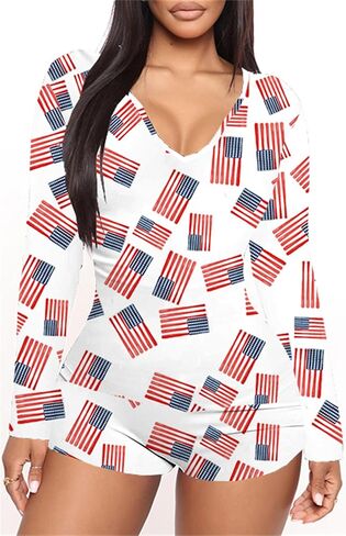 4th of July Onesie Pajamas for Women American Flag Sexy Bodycon One Piece Pjs Shorts Jumpsuit Romper Club Sleepwear in Saudi Arabia