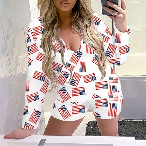 4th of July Onesie Pajamas for Women American Flag Sexy Bodycon One Piece Pjs Shorts Jumpsuit Romper Club Sleepwear in Saudi Arabia