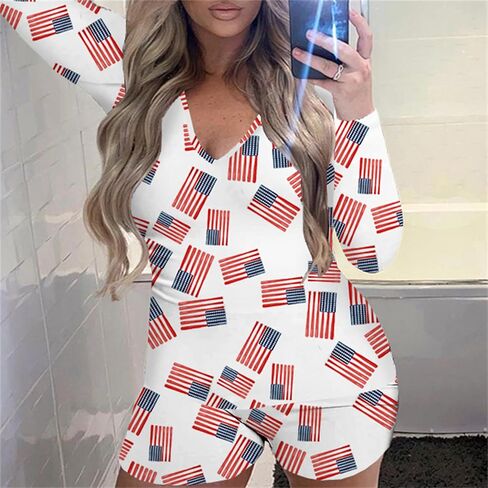 4th of July Onesie Pajamas for Women American Flag Sexy Bodycon One Piece Pjs Shorts Jumpsuit Romper Club Sleepwear in Saudi Arabia