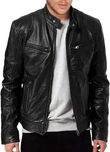Men's Standing Collar PU Imitation Leather Motorcycle Jacket Solid Color Casual Loose Zipper Jacket in Saudi Arabia