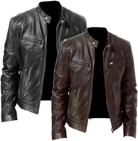 Men's Standing Collar PU Imitation Leather Motorcycle Jacket Solid Color Casual Loose Zipper Jacket in Saudi Arabia