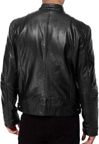 Men's Standing Collar PU Imitation Leather Motorcycle Jacket Solid Color Casual Loose Zipper Jacket in Saudi Arabia