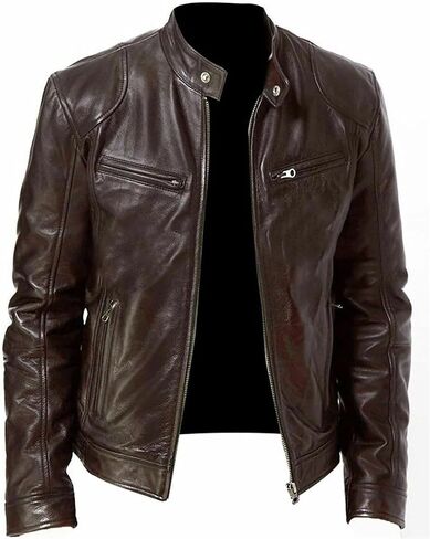 Men's Standing Collar PU Imitation Leather Motorcycle Jacket Solid Color Casual Loose Zipper Jacket in Saudi Arabia