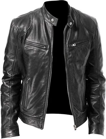 Men's Standing Collar PU Imitation Leather Motorcycle Jacket Solid Color Casual Loose Zipper Jacket in Saudi Arabia