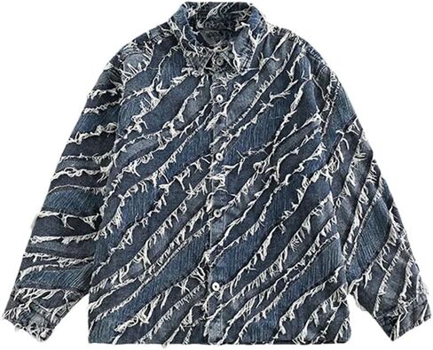 Men's Collar Color Blocked Fringe Design Denim Jacket Casual Loose Oversized Denim Jacket in Saudi Arabia