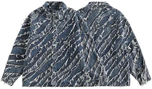 Men's Collar Color Blocked Fringe Design Denim Jacket Casual Loose Oversized Denim Jacket in Saudi Arabia