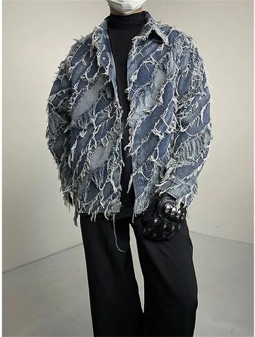 Men's Collar Color Blocked Fringe Design Denim Jacket Casual Loose Oversized Denim Jacket in Saudi Arabia