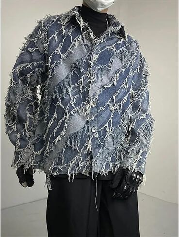 Men's Collar Color Blocked Fringe Design Denim Jacket Casual Loose Oversized Denim Jacket in Saudi Arabia