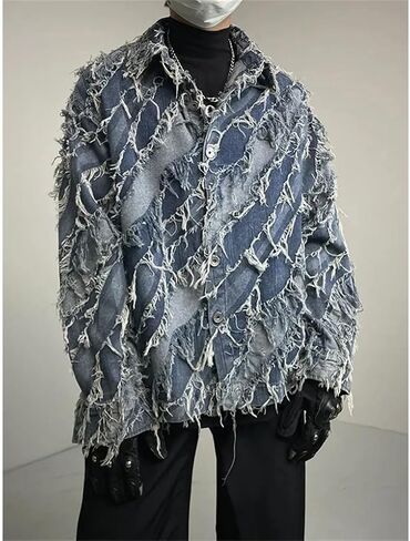 Men's Collar Color Blocked Fringe Design Denim Jacket Casual Loose Oversized Denim Jacket in Saudi Arabia