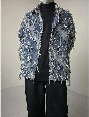 Men's Collar Color Blocked Fringe Design Denim Jacket Casual Loose Oversized Denim Jacket in Saudi Arabia