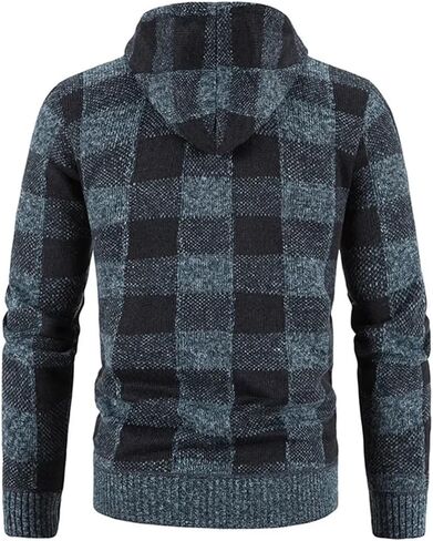 Men's Plaid Knitted Hooded Jacket Casual Loose Thick Warm Coat in Saudi Arabia
