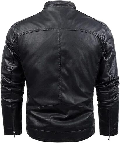 Men's Stand Up Collar Button Splicing Thickened Warm Pu Imitation Leather Motorcycle Jacket Solid Color Casual Loose Jacket in Saudi Arabia