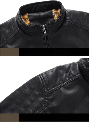 Men's Stand Up Collar Button Splicing Thickened Warm Pu Imitation Leather Motorcycle Jacket Solid Color Casual Loose Jacket in Saudi Arabia