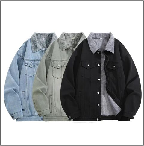 Men's Thick Fleece Warm Denim Jacket Solid Color Casual Loose Oversized Denim Jacket in Saudi Arabia