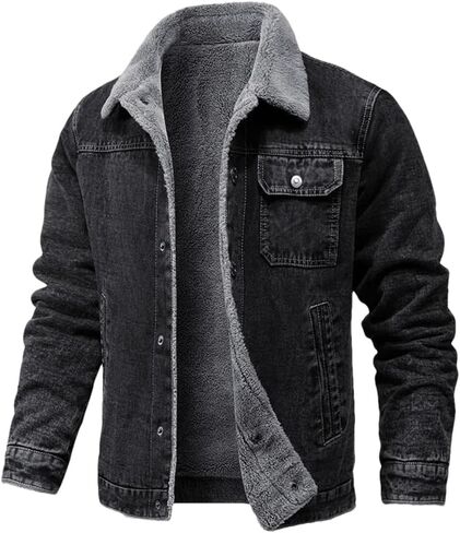 Men's Collar Lambhair Patchwork Black Denim Jacket Solid Color Casual Retro Classic Denim Jacket in Saudi Arabia
