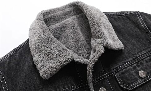 Men's Collar Lambhair Patchwork Black Denim Jacket Solid Color Casual Retro Classic Denim Jacket in Saudi Arabia