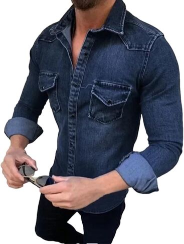 Men's Denim Shirt Men's Long Sleeved Denim Shirt Pocket Slim Fit Elastic Denim Shirt in Saudi Arabia