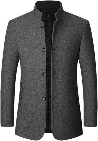 Men's Stand Up Collar Thick Warm Coat Solid Color Casual Slim Fit Blended Coat in Saudi Arabia