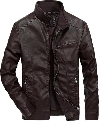 Men's Standing Collar PU Imitation Leather Slim Fit Motorcycle Jacket Solid Color Casual Slim Fit Jacket in Saudi Arabia