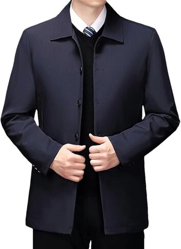 Men's Collar Mid Length Single Breasted Coat, Solid Color Casual Slim Fit Business Long Sleeved Coat in Saudi Arabia