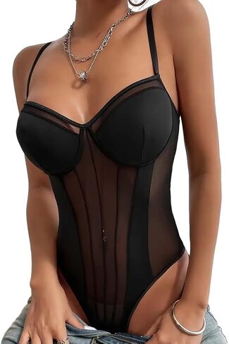 Lilosy Sexy Wireless Strappy Mesh Corset Lingerie Bodysuit Top in Saudi Arabia