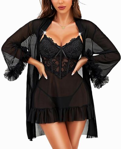 مجموعات RSLOVE Lingerie للنساء مثير - 2 قطعة Babydoll & Lace Kimono Robe Set Strap Chemise Sleepwear Mesh Lightgown in Kuwait
