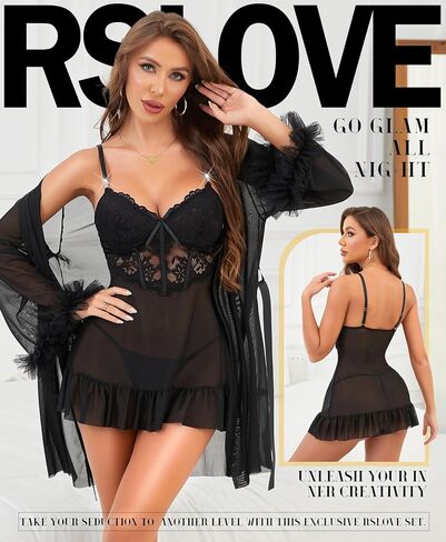 مجموعات RSLOVE Lingerie للنساء مثير - 2 قطعة Babydoll & Lace Kimono Robe Set Strap Chemise Sleepwear Mesh Lightgown in Kuwait
