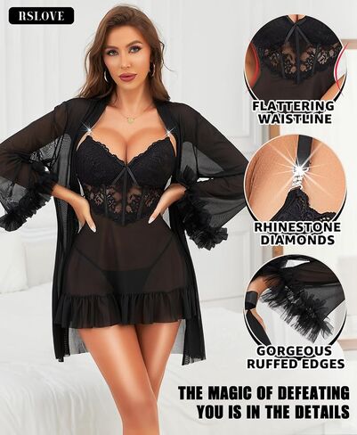 مجموعات RSLOVE Lingerie للنساء مثير - 2 قطعة Babydoll & Lace Kimono Robe Set Strap Chemise Sleepwear Mesh Lightgown in Kuwait