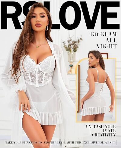 مجموعات RSLOVE Lingerie للنساء مثير - 2 قطعة Babydoll & Lace Kimono Robe Set Strap Chemise Sleepwear Mesh Lightgown in Saudi Arabia