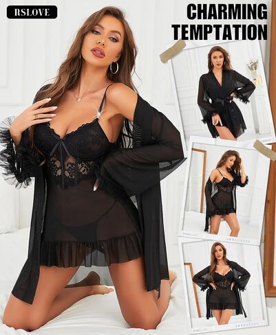 مجموعات RSLOVE Lingerie للنساء مثير - 2 قطعة Babydoll & Lace Kimono Robe Set Strap Chemise Sleepwear Mesh Lightgown in Kuwait