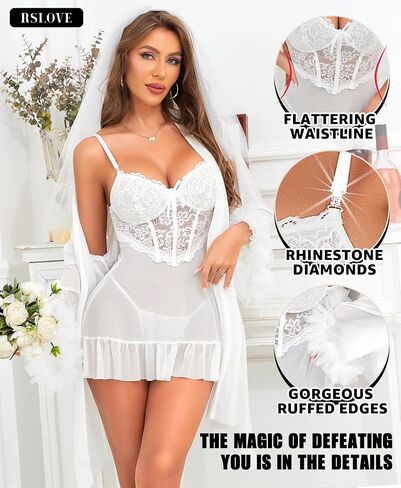 مجموعات RSLOVE Lingerie للنساء مثير - 2 قطعة Babydoll & Lace Kimono Robe Set Strap Chemise Sleepwear Mesh Lightgown in Saudi Arabia