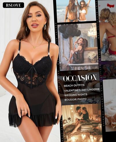 مجموعات RSLOVE Lingerie للنساء مثير - 2 قطعة Babydoll & Lace Kimono Robe Set Strap Chemise Sleepwear Mesh Lightgown in Kuwait