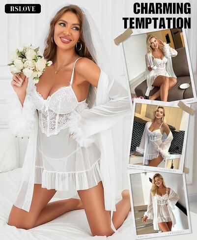 مجموعات RSLOVE Lingerie للنساء مثير - 2 قطعة Babydoll & Lace Kimono Robe Set Strap Chemise Sleepwear Mesh Lightgown in Saudi Arabia