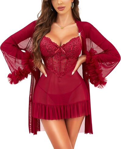 مجموعات RSLOVE Lingerie للنساء مثير - 2 قطعة Babydoll & Lace Kimono Robe Set Strap Chemise Sleepwear Mesh Lightgown in Kuwait