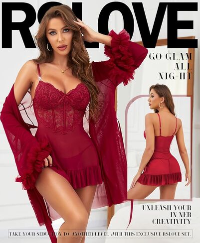 مجموعات RSLOVE Lingerie للنساء مثير - 2 قطعة Babydoll & Lace Kimono Robe Set Strap Chemise Sleepwear Mesh Lightgown in Kuwait