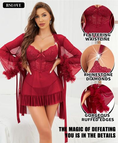 مجموعات RSLOVE Lingerie للنساء مثير - 2 قطعة Babydoll & Lace Kimono Robe Set Strap Chemise Sleepwear Mesh Lightgown in Kuwait