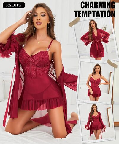 مجموعات RSLOVE Lingerie للنساء مثير - 2 قطعة Babydoll & Lace Kimono Robe Set Strap Chemise Sleepwear Mesh Lightgown in Kuwait