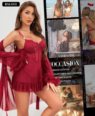 مجموعات RSLOVE Lingerie للنساء مثير - 2 قطعة Babydoll & Lace Kimono Robe Set Strap Chemise Sleepwear Mesh Lightgown in Kuwait