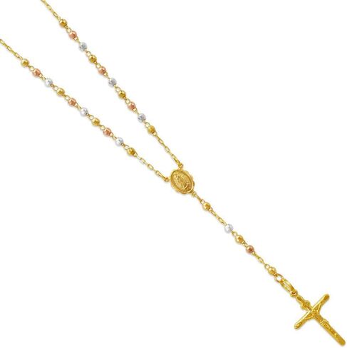 14K Gold Rosary Chain Necklace - Nice Shiny Tricolor White Yellow Pendant Flawless Jewelry Gift for Women and Men - Available 16 to 24 Inches Length - 2.5MM Wide in Saudi Arabia