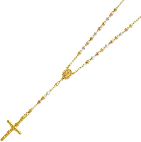 14K Gold Rosary Chain Necklace - Nice Shiny Tricolor White Yellow Pendant Flawless Jewelry Gift for Women and Men - Available 16 to 24 Inches Length - 2.5MM Wide in Saudi Arabia