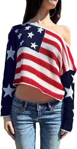 Women Amrican Flag Sweater Top Bat Sleeve Off Shoulder Loose Knitted Shirt Vintage 4th of July Patriotic Knitwear in Kuwait