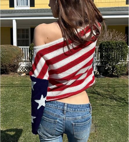 Women Amrican Flag Sweater Top Bat Sleeve Off Shoulder Loose Knitted Shirt Vintage 4th of July Patriotic Knitwear in Kuwait